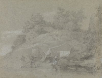 En elv ved en steinete bank med figurer, muligens i India av Johan Joseph Zoffany