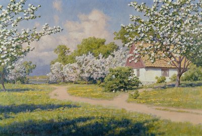 Et skogkledd landskap med en hytte om våren av Johan Krouthén