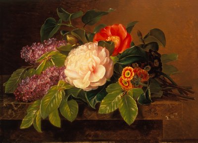 Peoner, syrin og primulae på en marmorhylle (olje på panel) av Johan Laurents Jensen