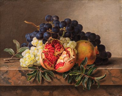 Granatepler og grønne og blå druer på marmorramme, 1833. av Johan Laurentz Jensen