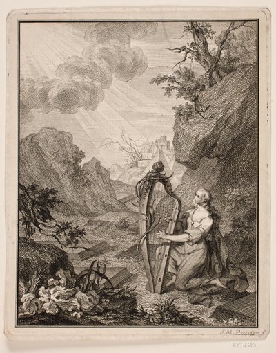 Harpespillende kvinne i fjellandskap av Johan Martin Preisler