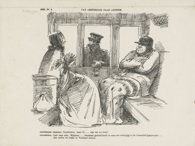 Tegneserie av de mange ulykkene på Rhijnspoorweg, 1866 Fra Amsterdam til Arnhem (tittel på objekt) av Johan Michaël Schmidt Crans