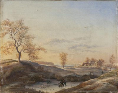 Vinterlandskap fra Frederiksdal med skøyteløpere av Johan Stroe