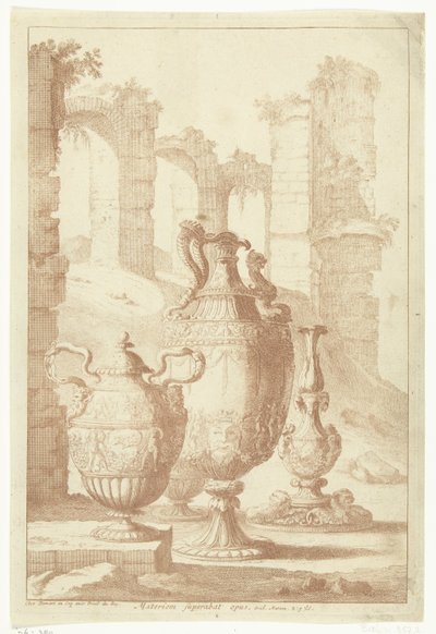 Tre vaser og en lysestake Materiem superabat opus (tittel på objekt) Vaser og lysestaker (serietittel) av Johan Teyler (attributed to)