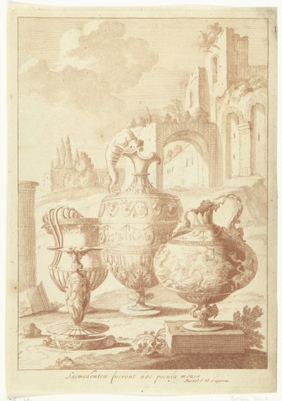 Lysekrone og tørr vase Laomedonteae fuerant haec pocula mensea (tittel på objekt) Vase og lysestake (serietittel) av Johan Teyler (attributed to)
