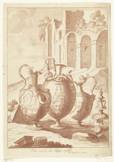 Fire vaser, den fjerde knust Huc oculis, huc mente trahor (tittel på objekt) Vaser og lysestaker (serietittel) av Johan Teyler (attributed to)