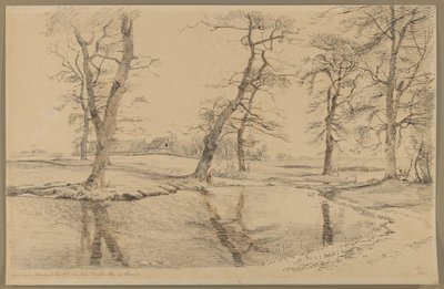 En bekk nær en gård i Usserød med kyr og to figurer av Johan Thomas Lundbye