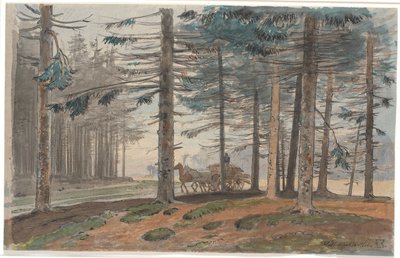 Granskog med vei som det kjører en hestevogn med et lass ved. I bakgrunnen en lysning i skogen av Johan Thomas Lundbye