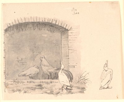 Kyllingene og endene. Th. studie av en and som nyter regnet av Johan Thomas Lundbye