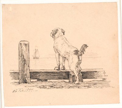 Hunden på stranden. Illustrasjon til Kaalunds "Fabler for barn". Se kommentar fra arkkatalog. av Johan Thomas Lundbye