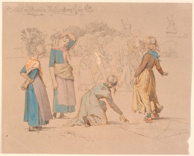 I forgrunnen noen jenter som hopper paradis. I bakgrunnen noen gutter som leker soldat og en invalid ser på av Johan Thomas Lundbye