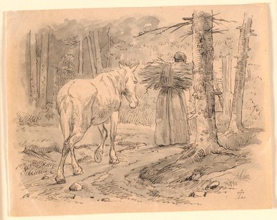 Kona og hesten. Illustrasjon til Kaalunds "Fabler for barn". Se kommentar fra arkkatalog. av Johan Thomas Lundbye