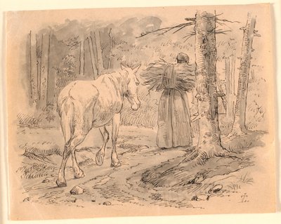 Kona og hesten. Illustrasjon til Kaalunds "Fabler for barn". Se kommentar fra arkkatalog. av Johan Thomas Lundbye