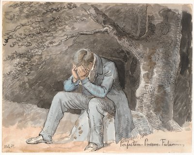 "Perfectum - Nåtid - Fremtid". Ung mann sitter under et tre på en stein med hendene mot ansiktet av Johan Thomas Lundbye
