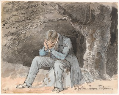 "Perfectum - Nåtid - Fremtid". Ung mann sitter under et tre på en stein med hendene mot ansiktet av Johan Thomas Lundbye