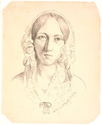 Portrett av en ung kvinne, ett ansikt. Representerer muligens Louise Marie Neergaard (1816-1895) av Johan Thomas Lundbye