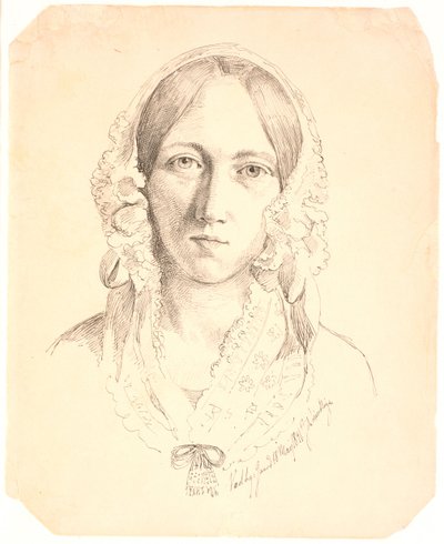 Portrett av en ung kvinne, ett ansikt. Representerer muligens Louise Marie Neergaard (1816-1895) av Johan Thomas Lundbye