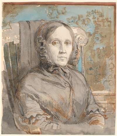 Portrett av kunstnerens mor, oberst Cathrine Lundbye (née Bonnevie); halvfigur sittende i stolen til høyre. av Johan Thomas Lundbye