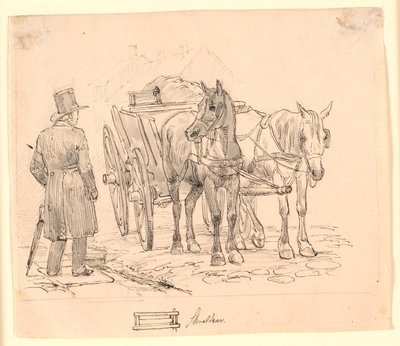 Søppelmannens hest. F.n.m.f. tegning av en søppelbøtte. Illustrasjon til Kaalunds "Fabler for barn". Se kommentar fra arkkatalog. av Johan Thomas Lundbye