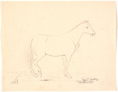Stående hest i profil t.h. av Johan Thomas Lundbye