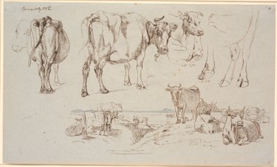 Studieblad fra Vognserup. Ovenfor studier av kyr, f.n. landskap med stående og liggende kyr av Johan Thomas Lundbye