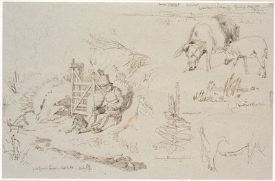 Studieblad fra Vognserup. T. v. en gjeter (gamle Rasmus Larsen) som sitter med en hund ved et ledd. F.o.t.h. en landskapsstudie med stedsnavn. Inkludert to griser. T.h.m.f. studie av siv i en innsjø. Inkludert en kongelig lysplante og studie av en purke av Johan Thomas Lundbye