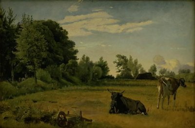 To kyr inn som felt ved Vognserup hovedgård, Sjælland av Johan Thomas Lundbye