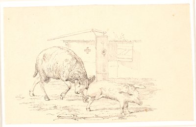 Væren og grisen. Illustrasjon til Kaalunds "Fabler for barn". Se kommentar fra arkkatalog. av Johan Thomas Lundbye