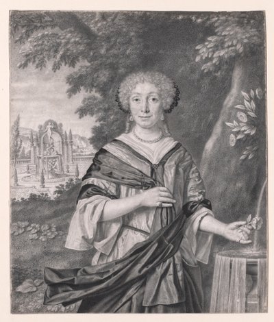 Portrett av en kvinne nær en fontene, en rose i hånden hennes av Johan Thopas