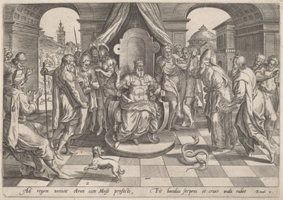 Moses og Aron foran farao av Johan Wierix, after Maarten van Cleef