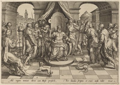 Moses og Aron foran faraaen av Johan Wierix, after Maarten van Cleef