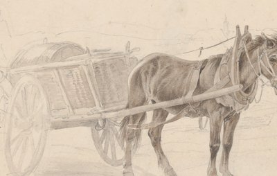 En vogn trukket av en brun hest nær en lampestang, Verso: En gruppe monterte offiserer, ca. 1815. av Johann Adam Klein