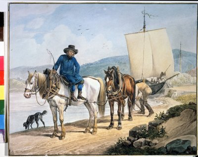 ""En hest og vogn ved elven"". Hester langs en elv som sleper en båt eller brukes til å losse varer på en slepesti". Maleri av Johann Adam Klein (1792-1875) av Johann Adam Klein