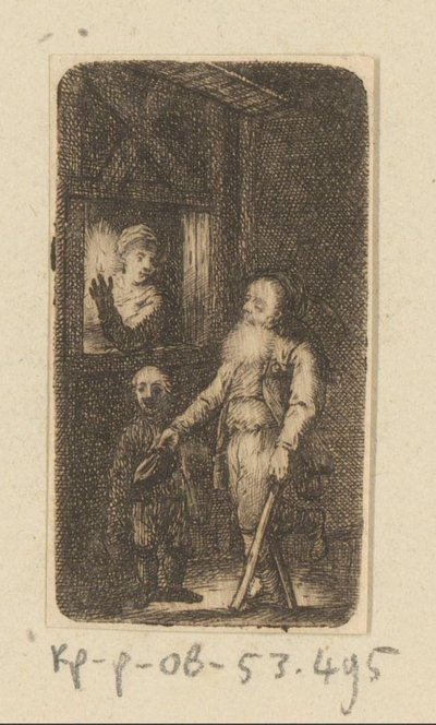 Forkrøplet gammel tigger med gutt og kvinne foran vinduet av Johann Andreas Benjamin Nothnagel