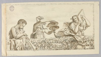 En satyrgutt som spiller fløyte, en jente med cymbaler, en kvinne med en bok av Johann August Nahl the Younger
