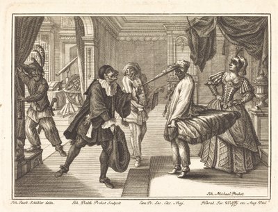 Harlekin hos Dr. Polovards hus av Johann Balthasar Probst after Johann Jacob Schübler