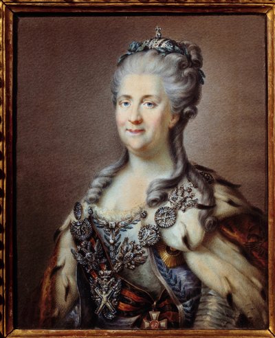 Portrett av Katarina II (1729-1796) imperatrice av Russland med halskjedet til Saint Andre og snoren til korset til Saint George Anonymous akvarell fra 1700-tallet, ifølge maleriet av Johann Baptist von Lampi (1751-1830) Paris, museum av Johann Baptist I (after) Lampi