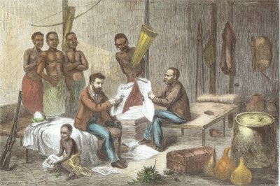 Dr. David Livingstone (1813-73) og Mr. Henry Morton Stanley (1841-1904) mottar aviser i Sentral-Afrika, gravert av Pearson (senere fargelegging) av Johann Baptist Zweecker