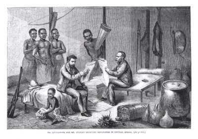 Dr. David Livingstone (1813-73) og Mr. Henry Morton Stanley (1841-1904) mottar aviser i Sentral-Afrika, gravert av Pearson av Johann Baptist Zweecker