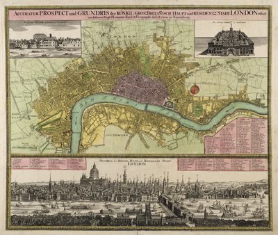 Kart og prospekt av London, ca. 1710 (håndfarget gravering) av Johann Baptista Homann