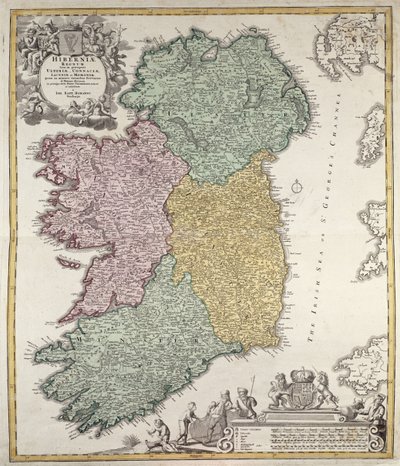 Kart over Irland som viser provinsene Ulster, Munster, Connaught og Leinster, av Johann B. Homann, ca. 1730 (håndfarget gravering) av Johann Baptista Homann