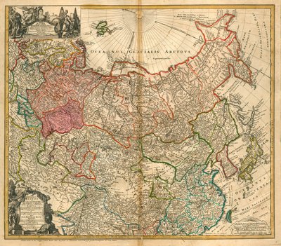 Kart over Russland (Fra: Kart over det russiske imperiet og Tartar til hele Lilleasia og Europa) - Homann, Johann Baptist (1663-1724) - 1738 - Kobberstikk, akvarell - Privat samling av Johann Baptista Homann