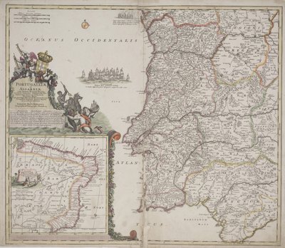 Portugal og Algarve (Portugallia et Algarbiae), ca. 1704 (håndfarget etsning) av Johann Baptista Homann