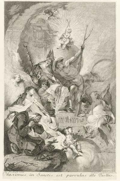 Het Christuskind als Salvator Mundi met verscheidene heiligen en paus Clemens XIII Den største blant de hellige er den lille gutten (tittel på objekt) av Johann Beheim