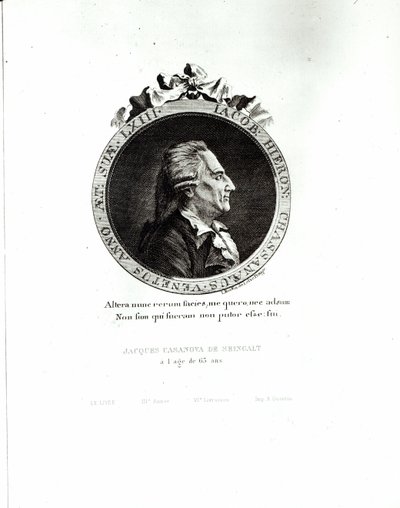 Medaljongportrett av Giacomo Casanova (1725-98) 63 år, 1788 (gravering) (bw-foto) av Johann Berka