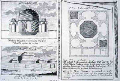 Plan, høyde og tverrsnitt av de keiserlige badene, Budapest, Ungarn, fra "Blueprint of a historisk arkitektur" av Johann Bernhard (after) Fischer von Erlach