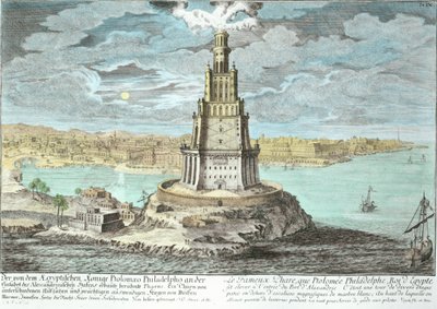 Fyr i Alexandria, bygget av Ptolemaios den store (36-etter 30 f.Kr.), Egypt, fra Entwurf einer historischen Architektur, gravert av Johann Adam Delsenbach (1687-1765) 1721 (senere farge av Johann Bernhard Fischer von Erlach