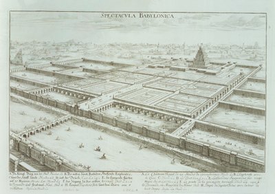 Panoramautsikt over det kongelige palasset og de hengende hagene i Babylon, fra 