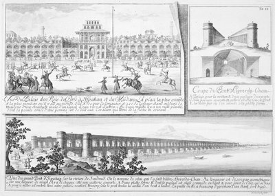 Det kongelige palasset i Isfahan, et tverrsnitt av Alyverdy-Chan Isfahan-broen og utsikt over Alyverdy-Chan Isfahan-broen, fra Entwurf einer historischen Architektur, gravert av Johann Adam De av Johann Bernhard Fischer von Erlach