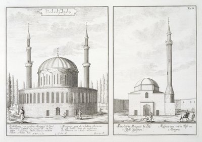 Utsikt over en moske i Bursa og en moske i Ungarn, fra "Blueprint of a Historic Architecture", 1721 av Johann Bernhard Fischer von Erlach